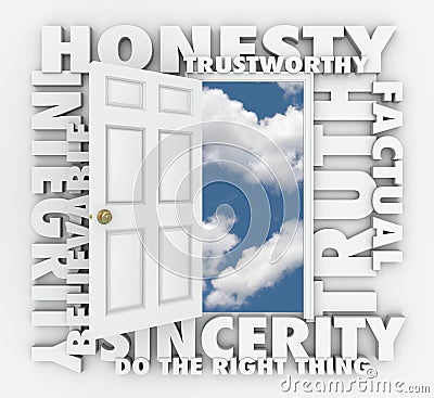 Honesty Truth Integrity Reputation 3D Word Door Stock Photo