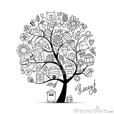 Honey apiary, art tree. Sketch for your design Vector Illustration