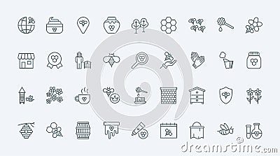 Honey, apiary and beekeeping thin line icons set, propolis and pollen nectar, honeycomb Vector Illustration