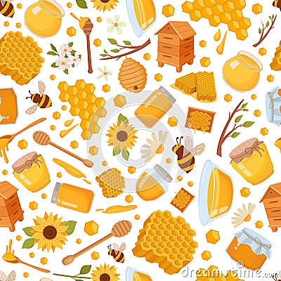 honey. apiary bees beehive sunflower honeycomb, seamless pattern. vector flat simple cartoon items. Stock Photo