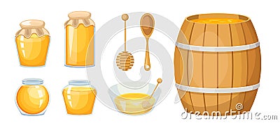 Honey Apiary Production, Glass Jars, Wooden Dipper and Barrel with Bowl, Yellow Sweet Liquid. Healthy Food, Nutrition Vector Illustration