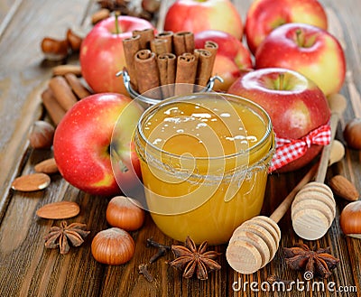 Honey, apples and nuts Stock Photo