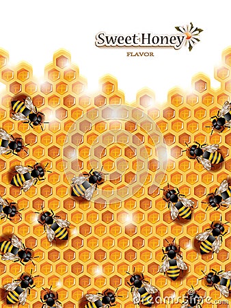Honey Background with Bees Working on a Honeycomb Vector Illustration