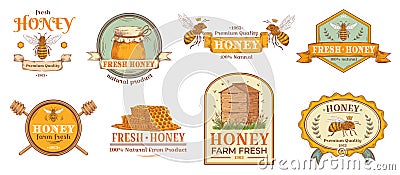 Honey badge. Natural bee farm product label, organic beekeeping pollen and bees hive emblem badges vector illustration Vector Illustration