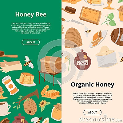 Honey of banners. Cartoon honeycomb, bee, pod, flowers, pancake, honey jar vector illustration. Brochure, poster, flyer Vector Illustration