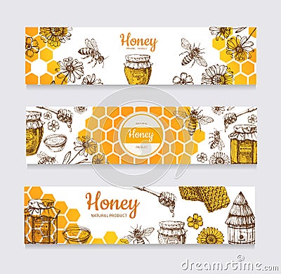 Honey banners. Vintage hand drawn bee and honeyed flower, honeycomb and hive vector labels Vector Illustration