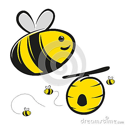 Honey Bee And Bee Hive Cartoon Vector Illustration