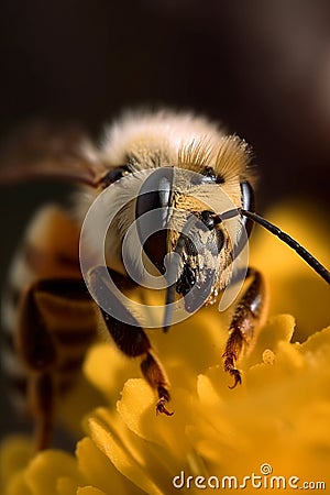 Honey bee collects pollen and nectar on flower, honeybee macro view, generative AI Stock Photo
