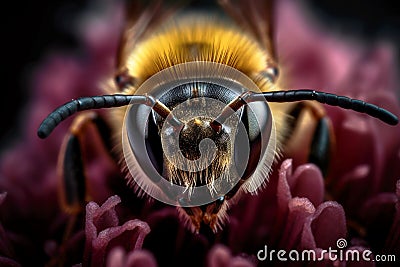 Honey bee collects pollen and nectar on flower, honeybee macro view, generative AI Stock Photo