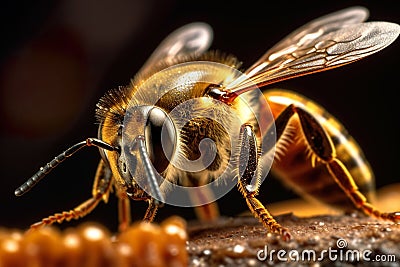 Honey bee collects pollen and nectar, honeybee macro view Stock Photo