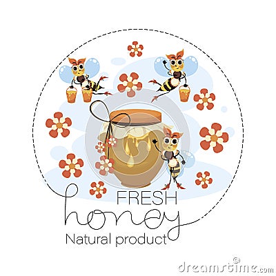 Honey. Bee family. Swarm bees. Vector honey label, emblem. Funny cartoon characters for poster Vector Illustration