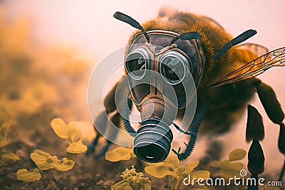 Honey bee in a gas mask. The concept of pollution of the environment flowers meadows bad ecology. Generative AI Stock Photo