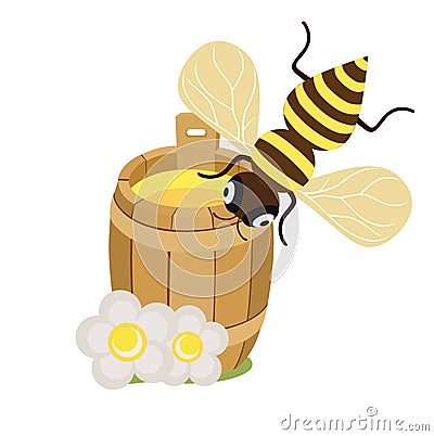 Honey bee and honey barrel with flowers on white flat design Vector Illustration