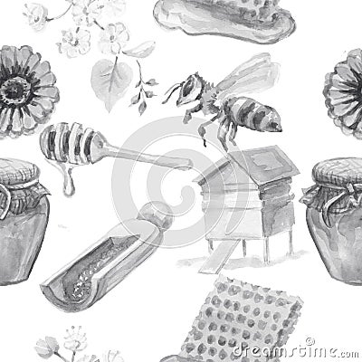 Honey bee honeycomb jar beehive illustration hand drawn set large separately on white background sketch doodle Cartoon Illustration