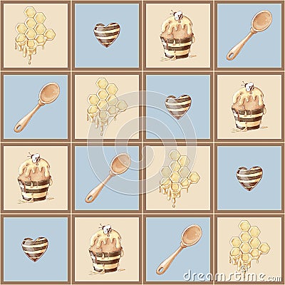 Honey bee honeycomb sweets seamless pattern. Watercolor illustration Cartoon Illustration