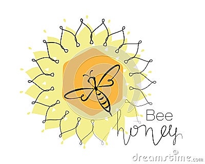 Honey bee. Linear sunflower. Honeycomb. Concepts logo, emblem. Bee icon. Honey flying bee. Insect. Vector Illustration