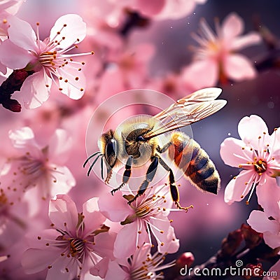 Honey bee pollinating cherry blossoms. insect flower agriculture honeybee sakura in Nature Cartoon Illustration