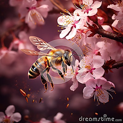 Honey bee pollinating cherry blossoms. insect flower agriculture honeybee sakura in Nature Cartoon Illustration
