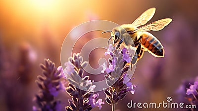 Honey bee pollinating lavender flowers on sunny summer evening Stock Photo