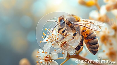 Honey bee pollinating white flowers on spring nature background. Honeybee (Apis mellifera) Generative AI Cartoon Illustration