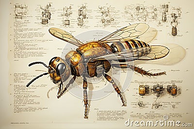 Honey bee, scientific illustration of the insect for a 19th century textbook Cartoon Illustration