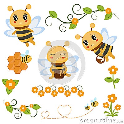 Honey bee theme characters and icons Vector Illustration