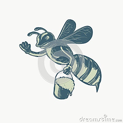 Honey Bee Waving With Pail of Honey Scratchboard Vector Illustration