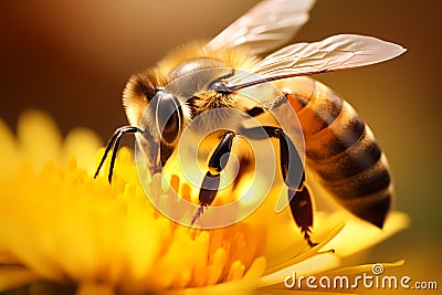 Honey bee working hard and pollinating flower Stock Photo