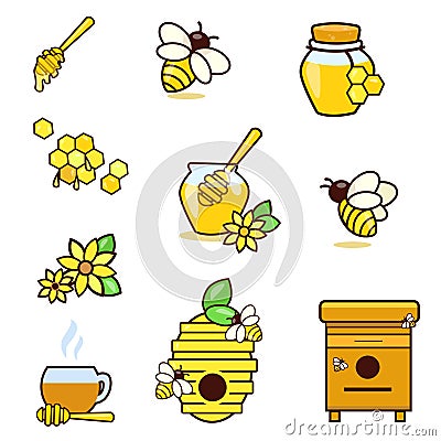 Honey and beekeeping isolated icons set with bees, beekeeper. Vector Illustration