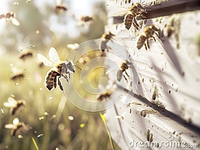Honey bees returning to their white hives in open field Stock Photo