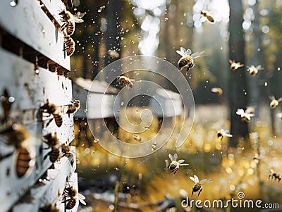 Honey bees returning to their white hives in open field Stock Photo