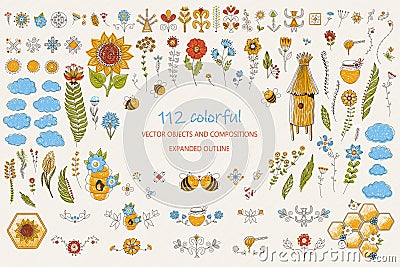 Honey bees isolated vector set. Cute bee cartoon collection. Funny illustrations, cartoon style icons. Beekeeping clip art objects Vector Illustration