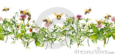 Honey bees in summer flowers, field grasses. Seamless floral border. Watercolor Stock Photo