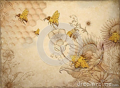 Honey bees and wildflowers Vector Illustration