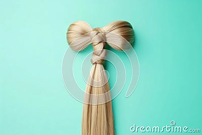 Honey blonde hair lock tied in knot on mint background - Haircare and Styling Concept, generative AI Stock Photo