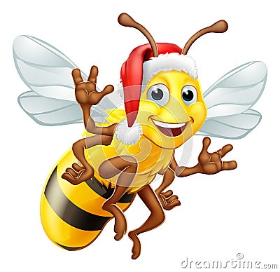 Honey Bumble Bee in Santa Christmas Hat Cartoon Vector Illustration