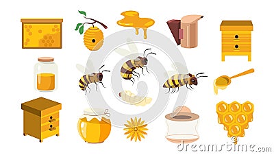 Honey cartoon collection. Beekeeping sweet elements, honeybee beeswax beehive honeycomb, organic bee apiculture products. Vector Stock Photo