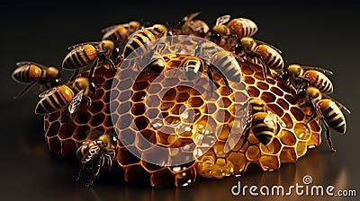 Honey cell with bees. Generative AI Stock Photo