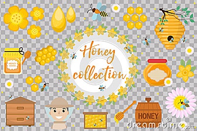 Honey collection. Beekeeping set of objects on white background. Apiculture kit of design elements flat Vector Illustration