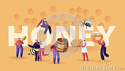 Honey Concept. Characters with Honeycomb, Spoon, Jar. People Extracting and Eating Sweet Bee Production Vector Illustration