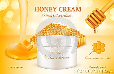 Honey cosmetics. Nature sweet golden skin care natural product advertising packages woman cosmetic honeycomb vector Vector Illustration