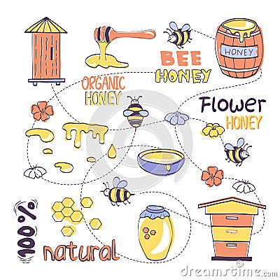Honey cute vector set with bees.The set includes cute bees, lettering honey, a hive, a deck with honey, flowers, combs, a jar with Vector Illustration