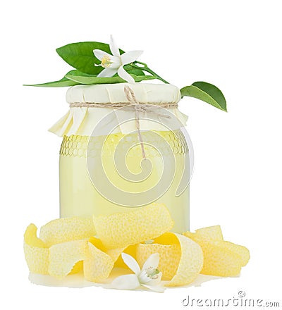 Honey, dried peel, lemon flower. Stock Photo