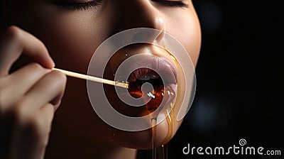 Honey dripping from honey dipper on girl lips. Thick honey dipping from the wooden honey spoon.Healthy food concept, generative ai Stock Photo