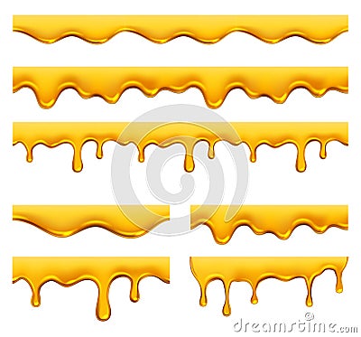 Honey dripping. Yellow syrup liquid golden oil drops and splashes vector realistic template Vector Illustration