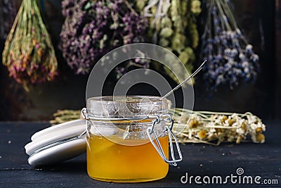 Honey for ethnoscience medicine with herbs Stock Photo
