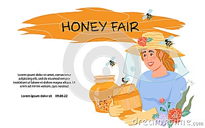 Honey fair or farm festival banner with beekeeper presenting harvest of honey, flat vector. Vector Illustration