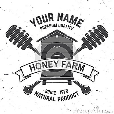 Honey farm badge. Vector. Concept for shirt, print, stamp or tee. Vintage typography design with hive and honey dipper Vector Illustration
