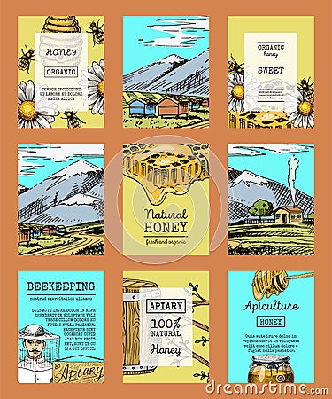 Honey farm cards waxing bee and beehive flyer. Poster organic honey and apiary, beehive and chamomile dessert nutrition Vector Illustration