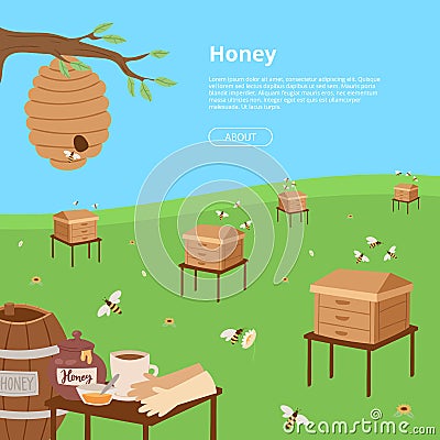 Honey farming poster. Cartoon honeycomb, bee, pod, flowers, pancake, honey jar vector illustration. Brochure, poster Vector Illustration